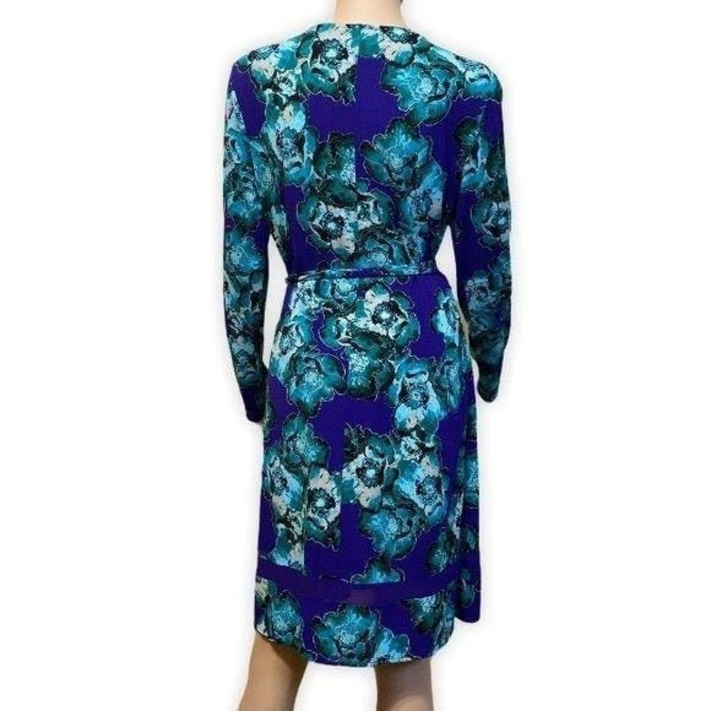 Floral Print Wrap Dress, Long Sleeve, Blue Teal Flowers Tie Waist, Casual Medium - Picture 3 of 7